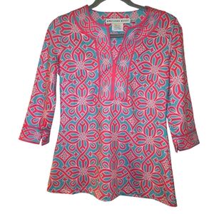 Gretchen Scott, Tunic Top, V-Neck, 3/4 Length Sleeve, Vibrant Pink + Blue, WomXS